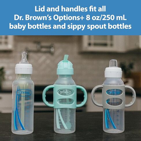 Dr. Brown's Milestones Narrow Sippy Straw Bottle, Spill-Proof with 100% Silicone Handles and Weighted Straw, 8 oz/250 mL, Gray & Green, 6m+ in Kuwait