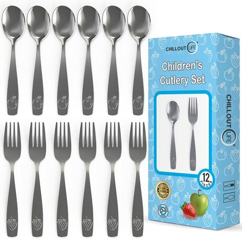 CHILLOUT LIFE Stainless Steel Kids Silverware Set 6 Pieces - Child and Toddler Safe Flatware - Kids Utensil Set - Metal Kids Cutlery Set (Includes 3 Small Kids Spoons & Kids 3 Forks) in Kuwait