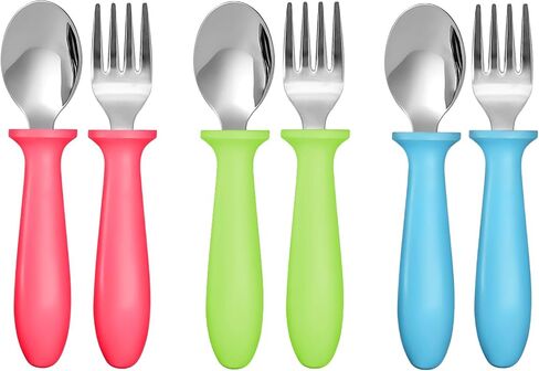 Pimoys Toddler Utensils Set, 6-Piece Kids Fork and Spoon Set | Stainless steel with plastic handles, rounded edges, toddler-size, dishwasher safe, 3 forks and 3 spoons in Kuwait