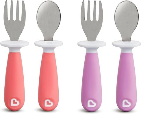 Munchkin® Raise™ Toddler Fork and Spoon Utensil Set, Rest Keeps Tip Off Table, BPA Free, 4 Pack, Blue/Green in Kuwait