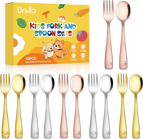 DRKIO 12Pcs Stainless Steel Toddler Utensils Small Metal Kids Silverware | Food-grade, Ideal Transitional Baby Forks and Spoons, Cute pattern, Designed for Children, Dishwasher Safe, Mirror Polished in Kuwait