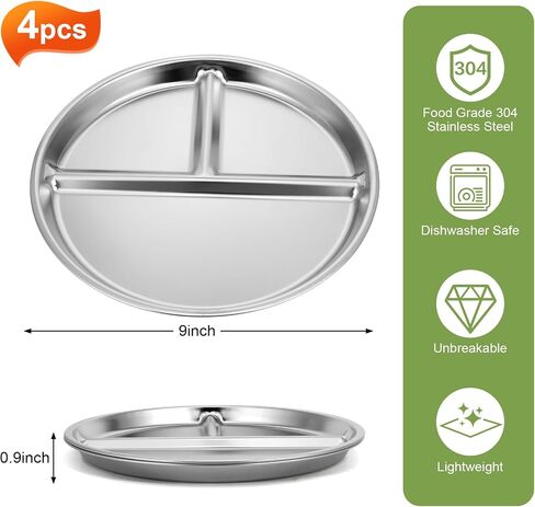 4pcs 304 Stainless Steel Kids Plates，9"Non-Toxic Circular Portion Control Plate，Suitable For Children To Use,Portion Plates For Weight Loss Adults，Reusable, Non-Toxic, Anti Drop, And Dishwasher Safe in Kuwait