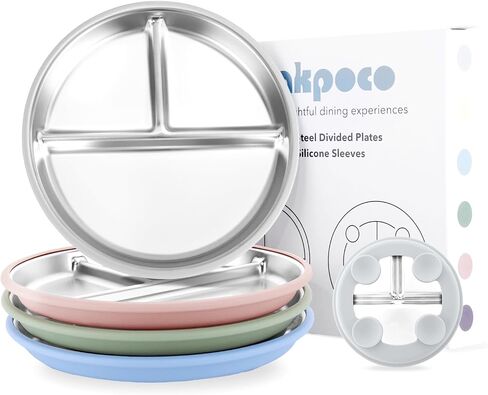 Bakpoco Stainless Steel Toddler Plate with Suction, 9" Divided Plates with Removable Silicone Sleeves for Kids, Non Toxic & BPA Free | Non Slip | Unbreakable Baby Snack Dishes Set of 2, Blue & Gray in Saudi Arabia