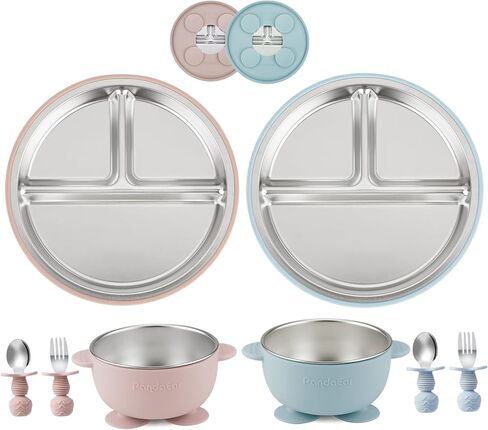 PandaEar 8PCS Baby Feeding Set | Stainless Steel Suction Plates and Bowls with Silicone Fork and Spoon Utensils | Baby Led Weaning Tableware for Toddlers & Kids (Tan & Walnut) in Kuwait
