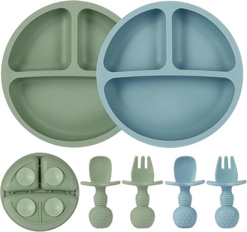 Eascrozn Silicone Feeding Set, 2 Pack Divided Toddler Plates with Suction, 2 Pack Utensils - Spoons & Forks, BPA Free, Baby Led Weaning Supplies in Kuwait
