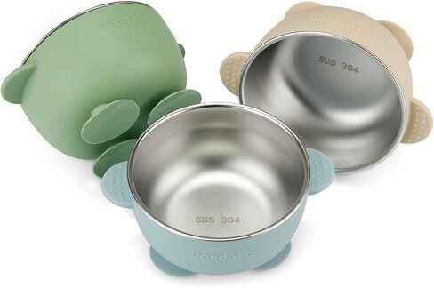 PandaEar 3 Pack Stainless Steel Baby Suction Bowls, Non-Slip Child Food Bowl with Silicone Sleeve for Kids Toddlers Infants, Unbreakable & Mess Free (Blue Green Beige) in Kuwait