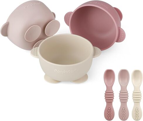 PandaEar 3 Pack Silicone Suction Baby Bowls & 3 Baby Feeding Spoons | Non-Slip Stay Put Bowls & Soft Silicone First Stage Spoons for Toddlers, BPA-Free Baby Led Weaning Set (Pink Rose Linen) in Kuwait