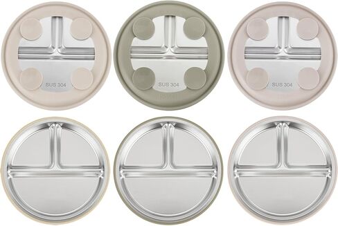 PandaEar 3 Pack Stainless Steel Baby Suction Plates, Divided Toddler Plate for Baby Led Weaning Supplies, Non-Slip Toddler Baby Feeding Set Dishwasher Safe (Blue/Green/Brown) in Kuwait