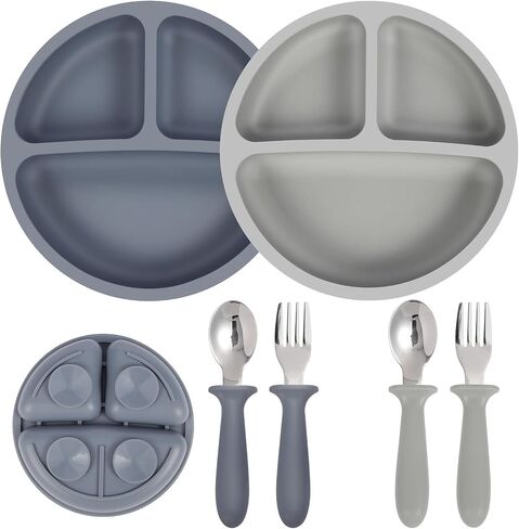 Eascrozn Baby Feeding Set, 2 Pack Silicone Divided Suction Plates for Baby, 2 Pack Spoons and Forks Set, BPA Free, Baby Led Weaning Supplies for Toddler Utensils in Kuwait