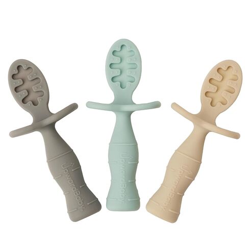 UpwardBaby Self-Feeding Spoon - Anti Choke Barrier - Silicone Baby Spoons Toddler Utensils for Home & Travel, Textured Tips Massage Gums & Baby-Led Weaning (Blue/Gray/Mint) in Kuwait