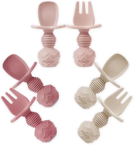 PandaEar 6 Pack Silicone Baby Spoons and Fork Feeding Set- Anti-Choke First Self Feeding Utensils for Baby Led Weaning Ages 3 Months -Pink in Kuwait