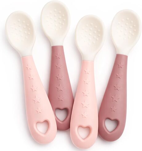 4-Pack Silicone Baby Spoons, Seposeve Soft Gum-Friendly First Feeding Spoons for Babies, Baby Feeding Utensils Essentials, Easy-Grip Handle, BPA Free, Dishwasher Safe, 2 Pink 2 Purple in Kuwait