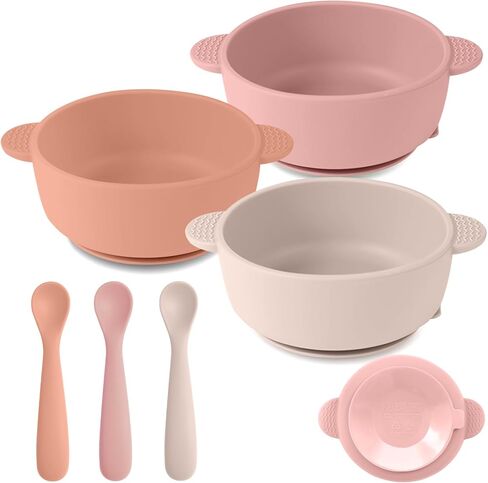 Eascrozn Silicone Baby Feeding Set, 3 Pack Baby Bowls with Suction and 3 Pack Baby Spoons for Babies Toddlers Kids, BPA Free, Baby Utensils Feeding Supplies, Microwave and Dishwasher Safe in Kuwait
