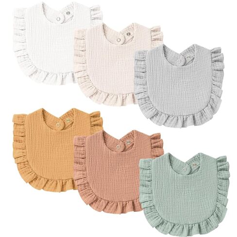 MairMore Muslin Baby Bibs, Ruffle Edge Drool Bibs, 6-Pack | 100% Muslin Cotton, Designed for Teething & Drooling Babies, Soft & Absorbent, for Boys & Girls, Newborn to Toddler (Pink) in Kuwait