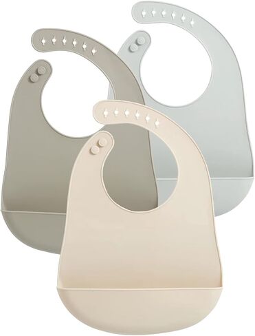 PandaEar 3 Pack Waterproof Silicone Baby Bibs| Super Thin Light Weight Feeding Bib with Food Catcher Pocket for Toddler in Kuwait