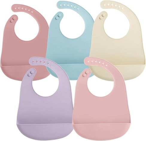 PandaEar 5 Pack Waterproof Silicone Baby Bibs| Super Thin Light Weight Feeding Bib with Food Catcher Pocket for Toddler in Kuwait