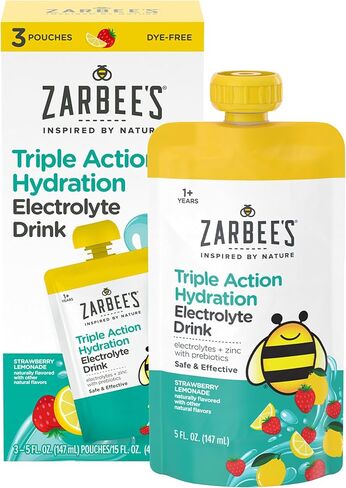 Zarbee's Triple Action Hydration Electrolyte Drink for Kids with Zinc & Prebiotics, Replenishes Lost Electrolytes and Helps Prevent Dehydration*, Dye-Free, Strawberry Lemonade Flavor, 3 x 5 fl. oz in Kuwait