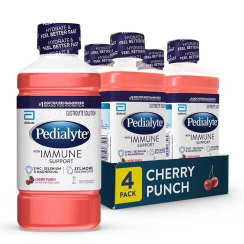 Pedialyte with Immune Support Electrolyte Solution, Hydration Drink with Zinc, Selenium, and Magnesium, Cherry Punch, 1 Liter, Pack of 4 in Kuwait