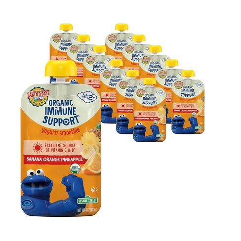 Earth's Best Organic Kids Snacks, Sesame Street Toddler Snacks, Digestive Support Fruit Smoothie for Toddlers 2 Years and Older, Banana Pumpkin Raisin, 4 oz (Pack of 12) in Kuwait