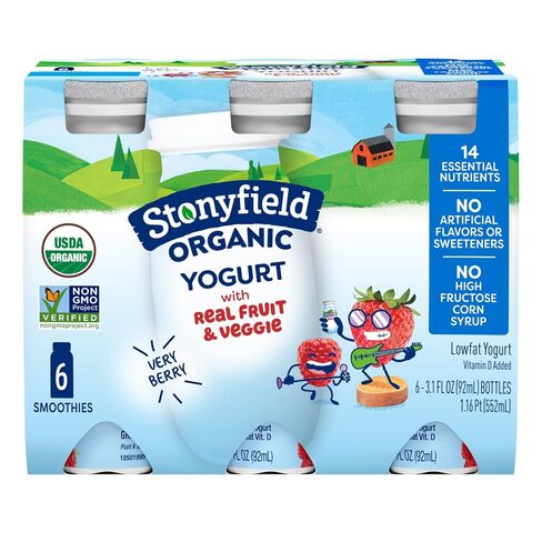 Stonyfield Organic Lowfat Yogurt Smoothies, Very Berry, 3.1 oz.,- #1 Organic Kids Yogurt, Real Fruit & Wholesome Ingredients, 6 count (Pack of 1) in Kuwait
