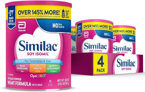 Similac Soy Isomil Infant Formula, for Fussiness & Gas, Plant-Based Protein, Infant Formula Powder, 30.8-oz Value Can, Pack of 4 in Kuwait