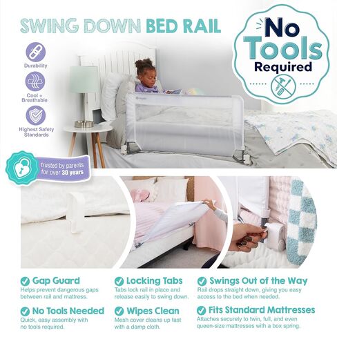 Regalo Swing Down Toddler Bed Rail Guard, NO Tools Required, Bed Rail for Toddlers with Patented Gap Guard, Toddler Bed Rail, Fits Twin, Full & Queen Beds, Bed Safety Rail for Kids Bed, 43" Long in Kuwait