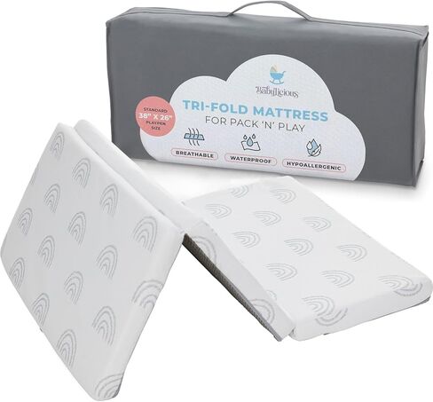 Pack and Play Mattress Topper | 38" x 26" Trifold Soft Foam | Waterproof Cover, Breathable Plush Design, Portable Baby Foam Pad with Comfortable Support for Babies in Kuwait