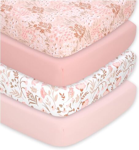 The Peanutshell 4-Pack Fitted Crib Sheet Set - Super Soft & Breathable Baby Girl Crib Sheets, Nursery Decor, Fit for Standard Mattress Cover- Whimsical Floral in Kuwait