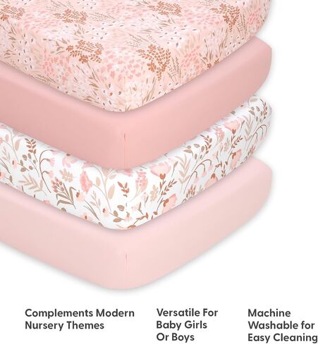 The Peanutshell 4-Pack Fitted Crib Sheet Set - Super Soft & Breathable Baby Girl Crib Sheets, Nursery Decor, Fit for Standard Mattress Cover- Whimsical Floral in Kuwait
