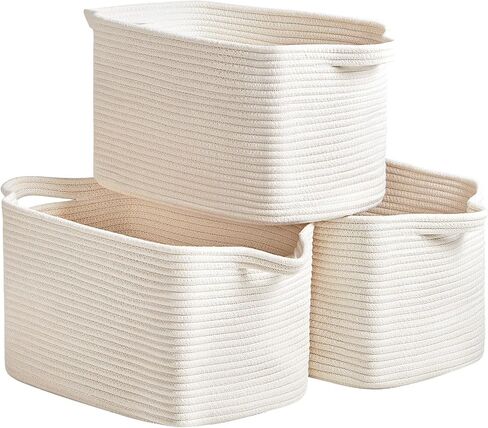 R RUNKA Cotton Rope Basket Set of 3 (15"x10.2"x9.1") - Rectangle Storage Bins - Versatile Toy Storage Organizer - Perfect for Kids, Dog Toys, Books, Shelves - White in Kuwait
