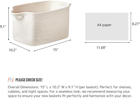 R RUNKA Cotton Rope Basket Set of 3 (15"x10.2"x9.1") - Rectangle Storage Bins - Versatile Toy Storage Organizer - Perfect for Kids, Dog Toys, Books, Shelves - White in Kuwait