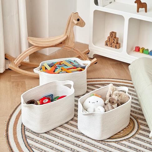 R RUNKA Cotton Rope Basket Set of 3 (15"x10.2"x9.1") - Rectangle Storage Bins - Versatile Toy Storage Organizer - Perfect for Kids, Dog Toys, Books, Shelves - White in Kuwait