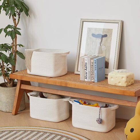 R RUNKA Cotton Rope Basket Set of 3 (15"x10.2"x9.1") - Rectangle Storage Bins - Versatile Toy Storage Organizer - Perfect for Kids, Dog Toys, Books, Shelves - White in Kuwait
