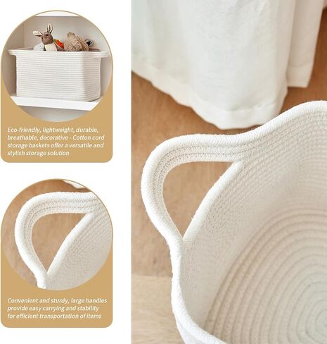 R RUNKA Cotton Rope Basket Set of 3 (15"x10.2"x9.1") - Rectangle Storage Bins - Versatile Toy Storage Organizer - Perfect for Kids, Dog Toys, Books, Shelves - White in Kuwait