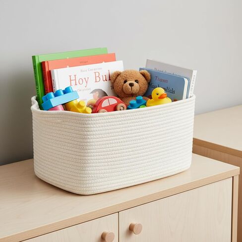 R RUNKA Cotton Rope Basket Set of 3 (15"x10.2"x9.1") - Rectangle Storage Bins - Versatile Toy Storage Organizer - Perfect for Kids, Dog Toys, Books, Shelves - White in Kuwait