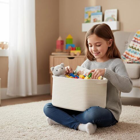 R RUNKA Cotton Rope Basket Set of 3 (15"x10.2"x9.1") - Rectangle Storage Bins - Versatile Toy Storage Organizer - Perfect for Kids, Dog Toys, Books, Shelves - White in Kuwait