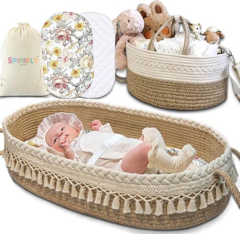Baby Changing Basket Set with Diaper Caddy Organizer Macrame Boho Moses Basket for Babies, Handmade 100% Cotton Rope, Woven Portable Nursery Decor Waterproof Pad & Floral Pad in Kuwait