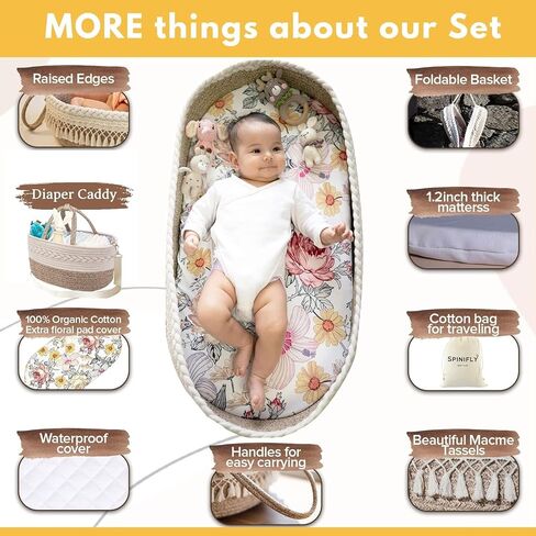 Baby Changing Basket Set with Diaper Caddy Organizer Macrame Boho Moses Basket for Babies, Handmade 100% Cotton Rope, Woven Portable Nursery Decor Waterproof Pad & Floral Pad in Kuwait