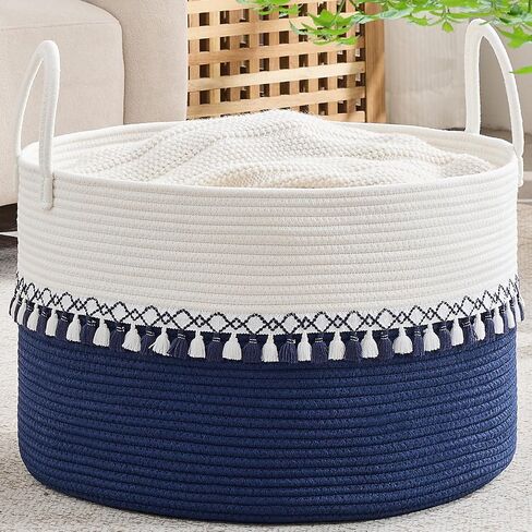 KAKAMAY Large Blanket Basket with Handles, Storage Basket for Living Room | Extra Large Capacity | Blanket Storage | Laundry Basket | Natural Cotton Rope | Stuffed Animal Storage | Woven Storage Basket in Kuwait