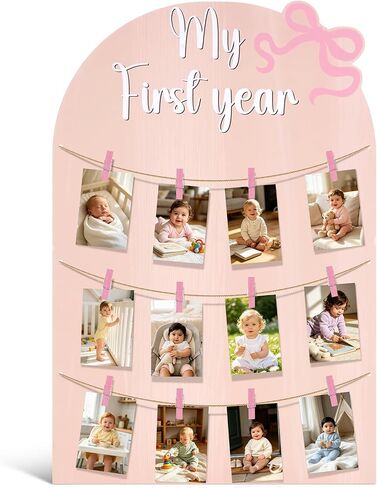 Baby First Birthday Photo Board, Corrugated Plastic My First Year Milestone Picture Frame, Holds 13 4x6 Photos, 19.1 x 28.7 Inches Baby Growth Timeline Photo Display with Clips & String in Kuwait
