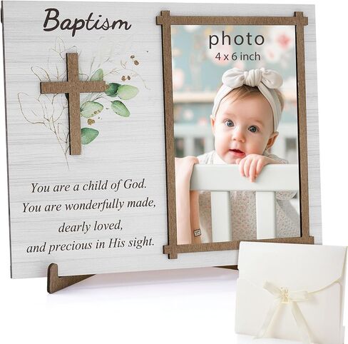Baptism Gifts for Boys Girls, Baptism Photo Frame with Gift Box 4x6 Inch, Christening Picture Frame Keepsake, Catholic Baby Gift for Godchild Godparents, Religious Baby Shower Nursery Decor(Leaf) in Kuwait