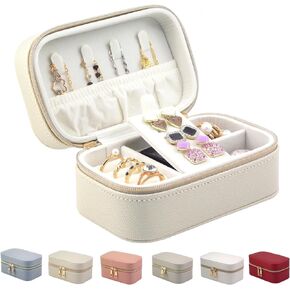 Small Jewelry Travel Case for Women Rectangle PU Leather Zip Travel Jewelry Case 2.56" High Portable Travel Jewelry Box For Earring Rings Necklaces Bracelets Mini Beige Jewelry Gifts Box
