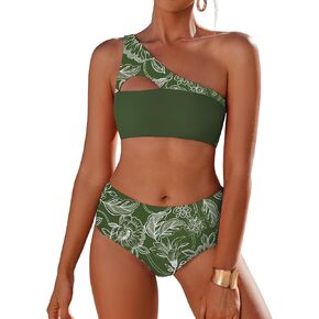 AI'MAGE Women's Bikini Sets Reversible Wear Cutout One Shoulder Top with Mid Waist Two Piece Bathing Suit