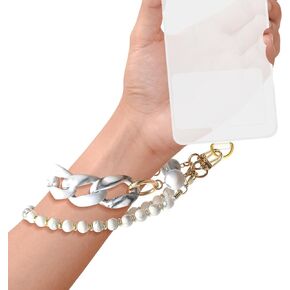 Phone Wrist Strap Marble Beaded Leather Double Chain Phone Charm Hands Free Wristlet Bracelet Phone Chain