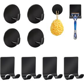 ANRUI Razor Holder for Shower and Shower Hooks, Premium 304 Stainless Steel Razor Holder, Heavy Duty Waterproof in Adhesive Shower Wall Hooks for Hanging Loofah,Towels,Robes (4+4 Pack)-Black