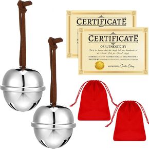 Poen 2 Sets Polar Sleigh Bell Gift 2 Inch Christmas Believe Bells and Certificate of Authenticity Red Velvet Gift Bags Santa Sleigh Bells Reindeer Ornaments for Xmas Party Gifts Keepsake(Gold) in Saudi Arabia