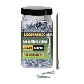 LIONMAX #8 x 1-1/2" Pocket Hole Screws, 600PCS Wood Screws Square Drive, Coarse Thread, Washer Head, Self Tapping, Zinc Plated, for Pocket Hole Jig, 150MM Drive Bit Included