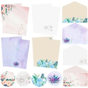 Stationery Writing Paper with Envelopes，4 Different Style Decorative Stationery Sheets， Double-sided Printing，32 Stationery Papers+16 Envelopes, 7.5" x 10.4" of Each Stationery Paper