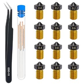 16PCS Extruders Hotends Brass Nozzles Kit - 8PCS 0.4mm, 2PCS 0.2mm, 0.6mm, 0.8mm, 1.0mm Nozzles Kit 3D Printer Parts for Anycubic Mega Series,Kobra Neo,Kobra Go,Chiron,for Prusa i3 MK3, Mini+