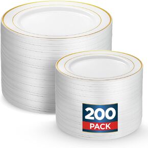200 Gold Plastic Plates Set,100 Pcs 10.25 Inch Plastic Dinner Plates and 100 Pcs 7.5 Inch Plastic Dessert Plates, Elegant Fancy Heavy Duty Disposable Plates for Party, Wedding, White with Gold Rim